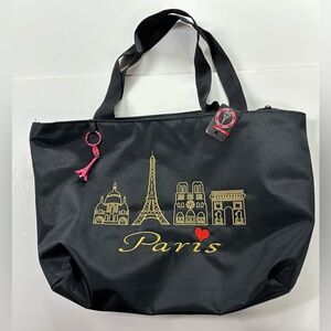 NWT Black Embroidered Paris Souvenir Shopping Tote + Eiffel Tower Keychain